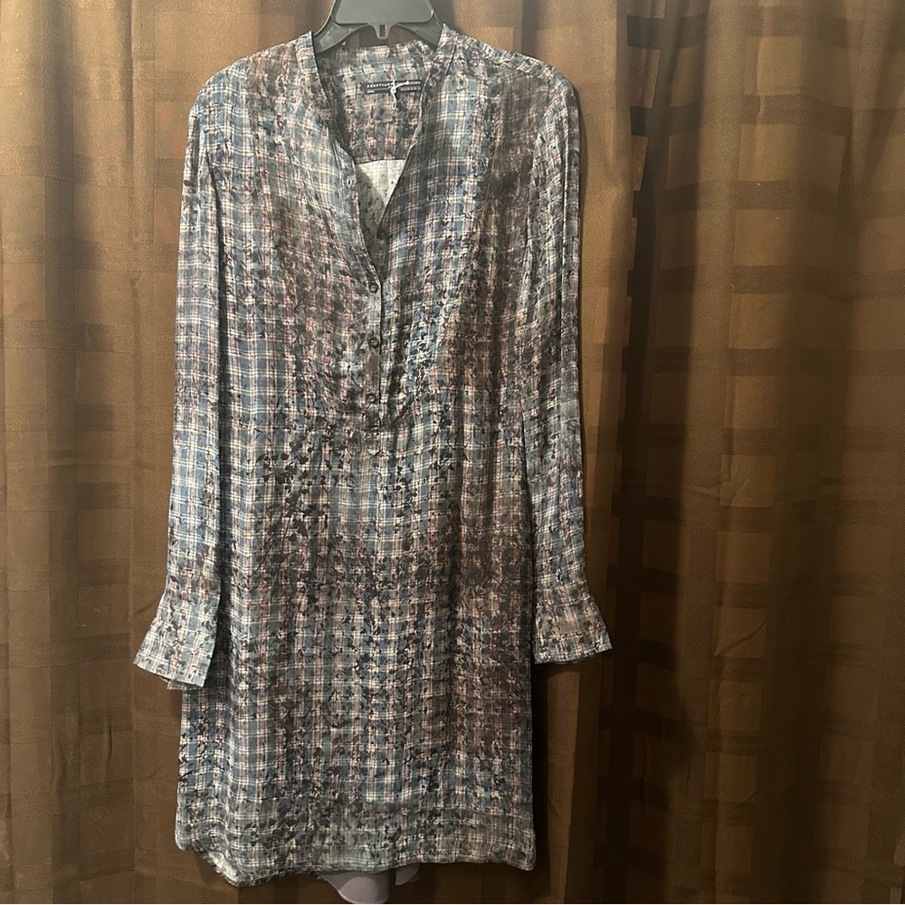 Peruvian Connection Blue Gray Plaid Long Sleeve Tunic Dress